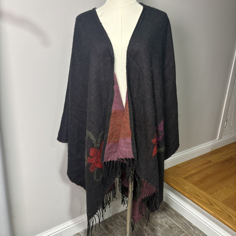 Reversible Open-front Shawl Scarf Poncho Tassels One Size Boho Indie Whimsigoth
